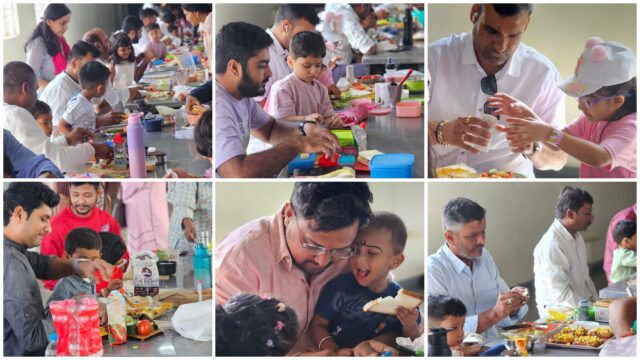 Dads and kids making sandwiches together at NCS Raichur